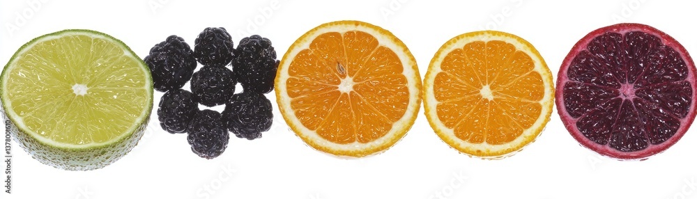 Citrus fruit and berries arranged in a row Citrus fruit and berries arranged in a row