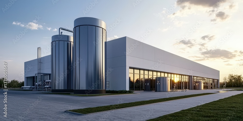 Obraz premium hydrogen sustainability economy concept. Modern industrial building with large silos and reflective surfaces at sunset.