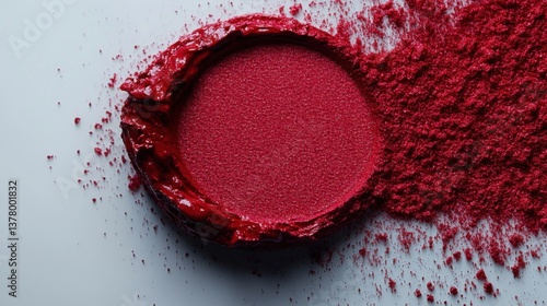 A close-up of red cosmetic on a white surface, showcasing its rich color and luxurious texture.