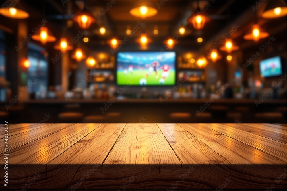 Wooden table in sports bar with warm lights and blurred background.