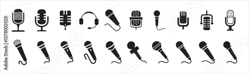 Microphone icon set. A detailed vector collection of microphones and headphones, featuring equipment ideal for podcasts and recording studios. vector illustration  eps 10.