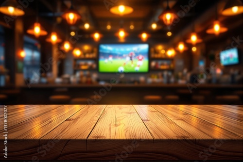 Obraz na płótnie Wooden table in sports bar with warm lights and blurred background. w salonie
