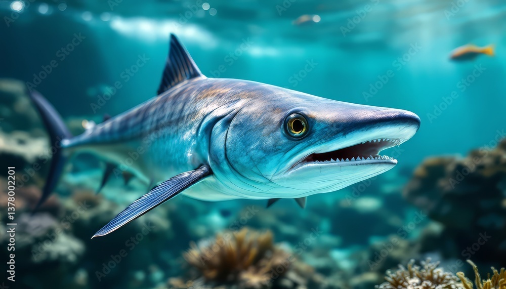 Fototapeta premium Barracuda Swimming Underwater in Clear Ocean Water Near Coral Reefs