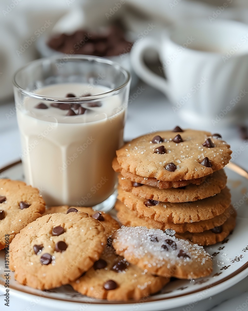 Fresh baked chocolate chip cookies stacked on white plate with glass of milk, scattered chocolate chips and sugar crystals, cozy home baking scene. Fresh baked chocolate chip cookies stacked on white plate with glass of milk, scattered chocolate chips and sugar crystals, cozy home baking scene.