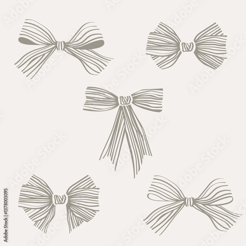 Collection of 5 simple striped bows. Black striped ribbon, vector illustration. Preppy bowtie set