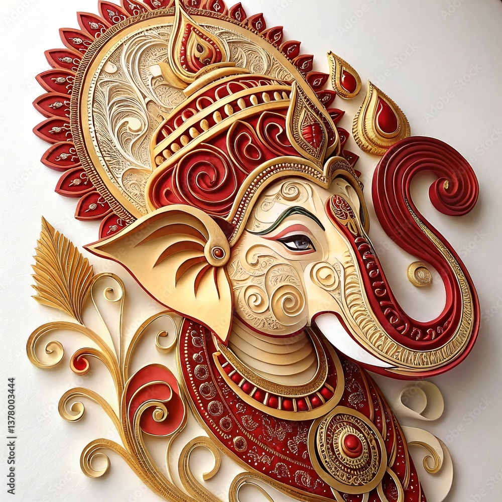 Naklejka premium Intricate Quilling Art Lord Ganesha's Majestic Portrait in Red and Gold