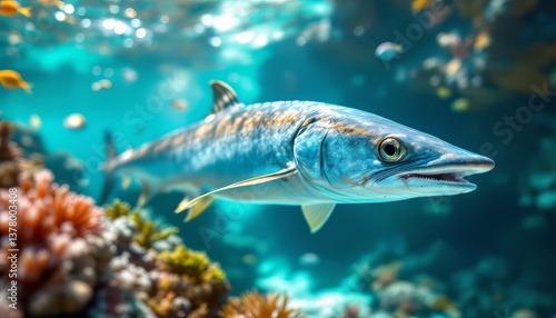 Barracuda Swimming in a Coral Reef Tropical Underwater Habitat Scene