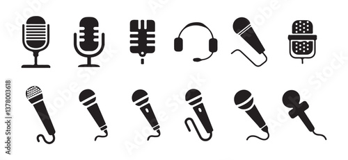 Microphone icon set. A detailed vector collection of microphones and headphones, featuring equipment ideal for podcasts and recording studios. vector illustration  eps 10.