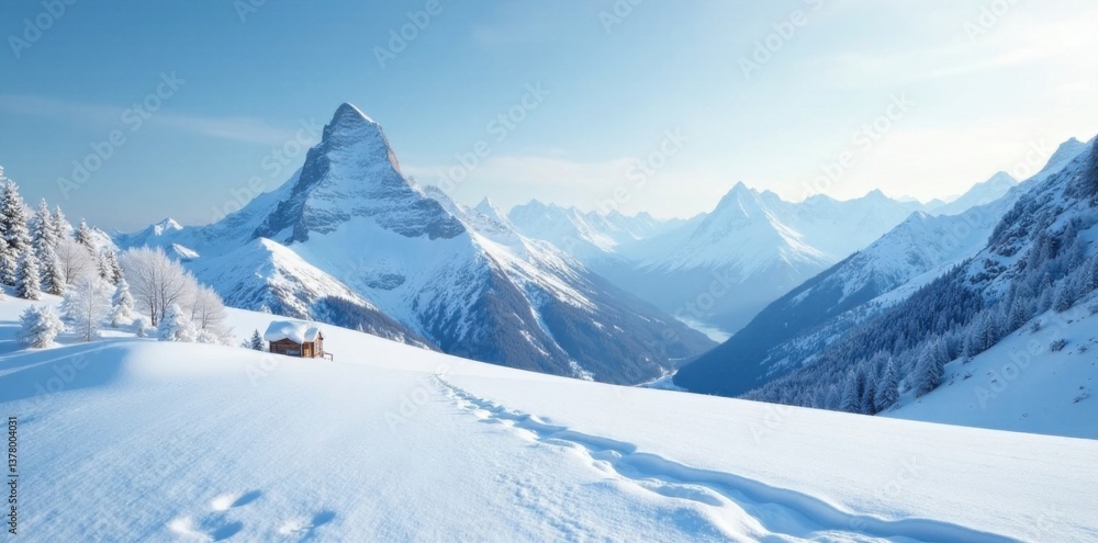 Fototapeta premium Frozen snowscape with a distant mountain range , snowy terrain, frozen landscape, frosty atmosphere