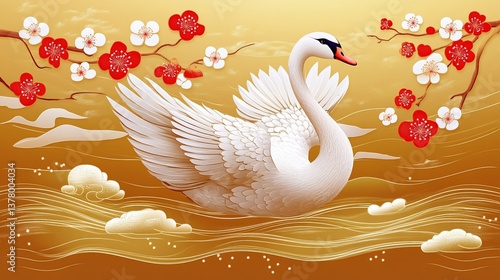 Wallpaper Mural Elegant swan amidst spring blossoms, artistic golden backdrop. Possible use Digital print, wallpaper Torontodigital.ca