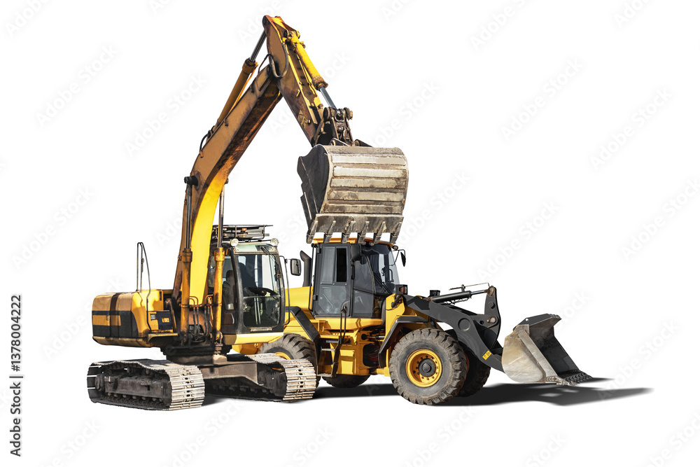 Large construction equipment is isolated and available for rent, showing its capabilities for excavation and loading tasks on job sites. Excavator and loader. Large construction equipment is isolated and available for rent, showing its capabilities for excavation and loading tasks on job sites. Excavator and loader.