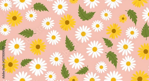Daisies And Sunflowers Delightful Pink Floral Pattern AI Generated