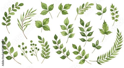 Watercolor greenery branch leaves twigs floral plant forest herbs isolated on white background