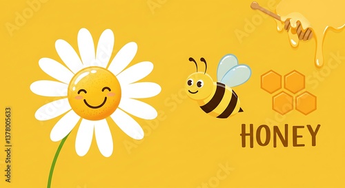 Wallpaper Mural Sweet Honey Cartoon Bee And Daisy Golden Honeycomb Delightful Illustration Happy Bee Collecting Honey From Daisy Cheerful Yellow Honey Theme Artwork Cute Bee Daisy Honeycomb Graphic Design Torontodigital.ca