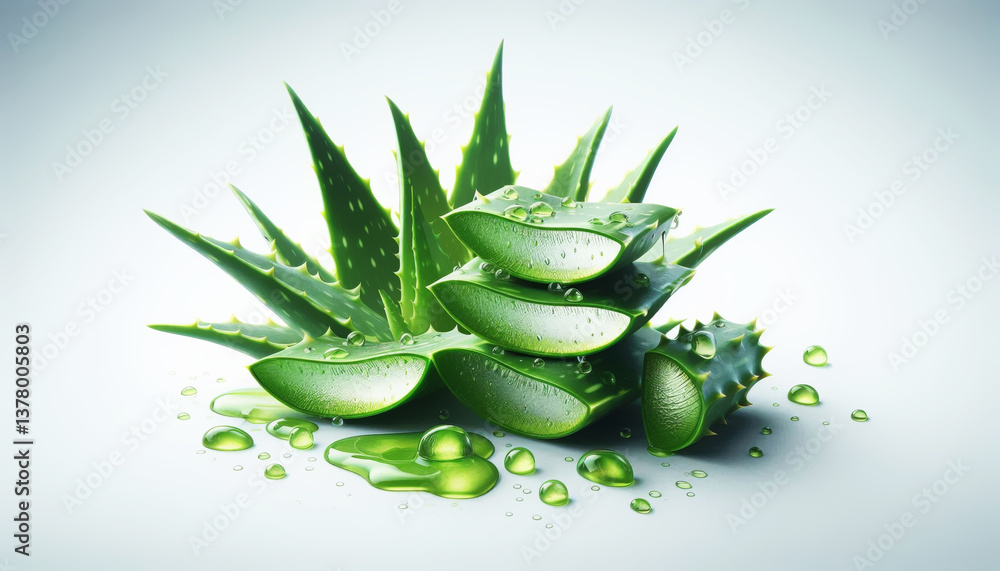 Sliced aloe vera with gel drops on white background Sliced aloe vera with gel drops on white background