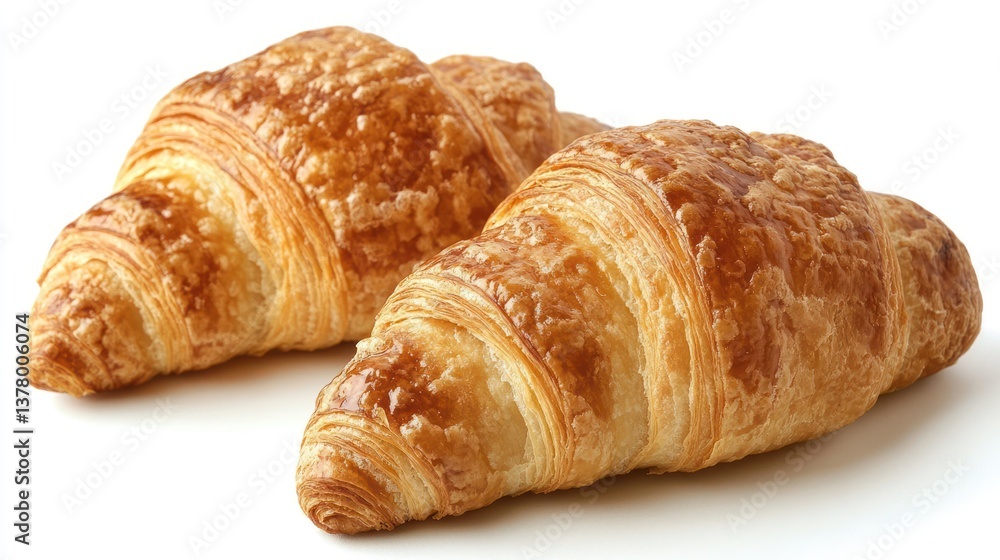 Two golden-brown croissants isolated on white. Two golden-brown croissants isolated on white.