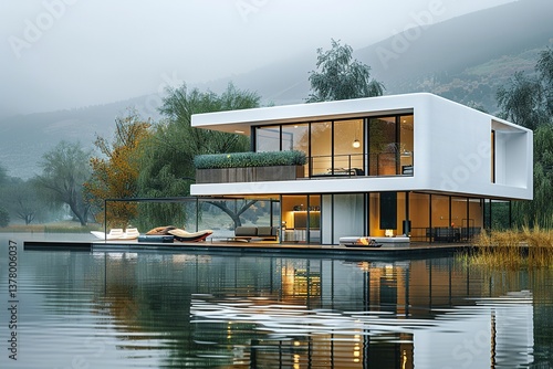 White glass banglow side of beautiful lake