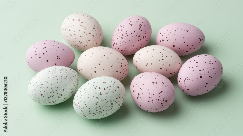 A group of speckled eggs in soft pink and beige hues placed on a smooth green backdrop. A group of speckled eggs in soft pink and beige hues placed on a smooth green backdrop.
