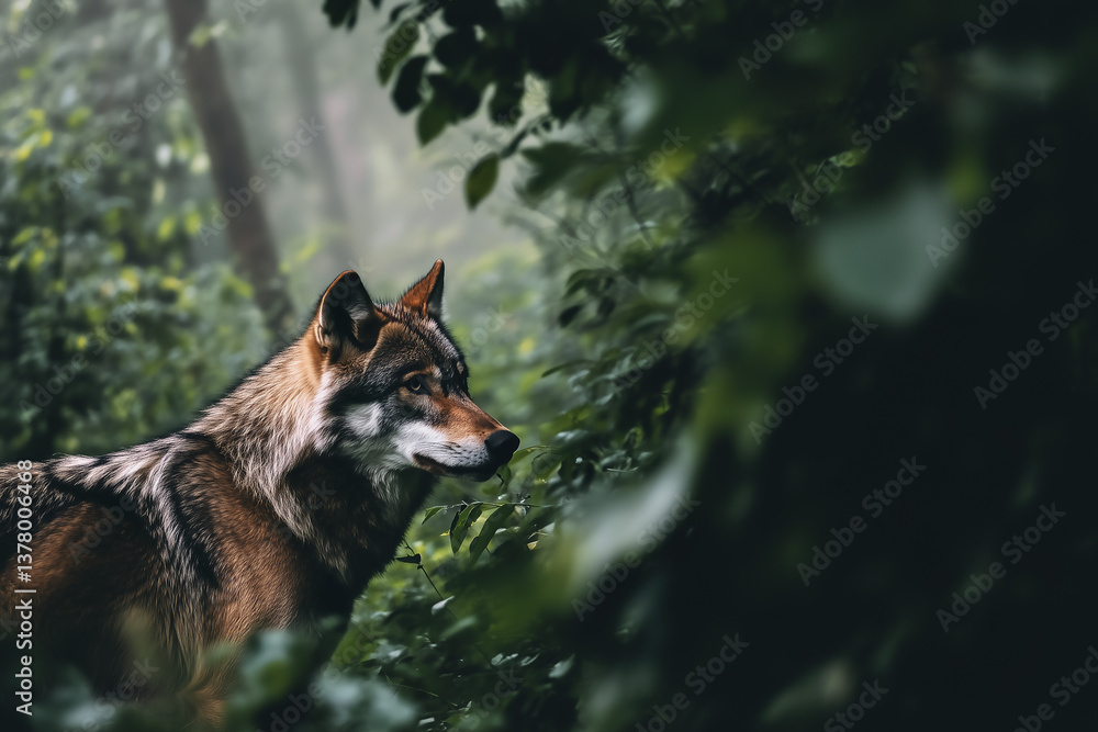 Wolf in a lush forest environment.