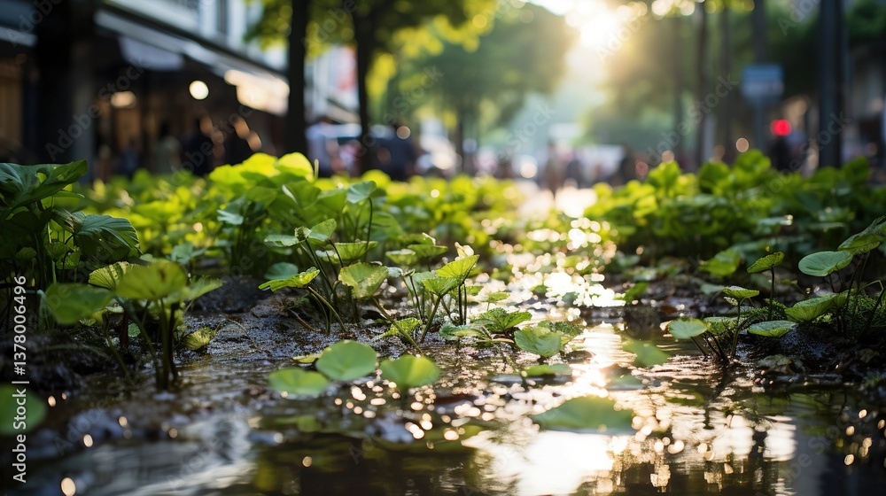 Fototapeta premium City's Green Infrastructure: Rainwater - permeable Surfaces and Street - side Ecosystems