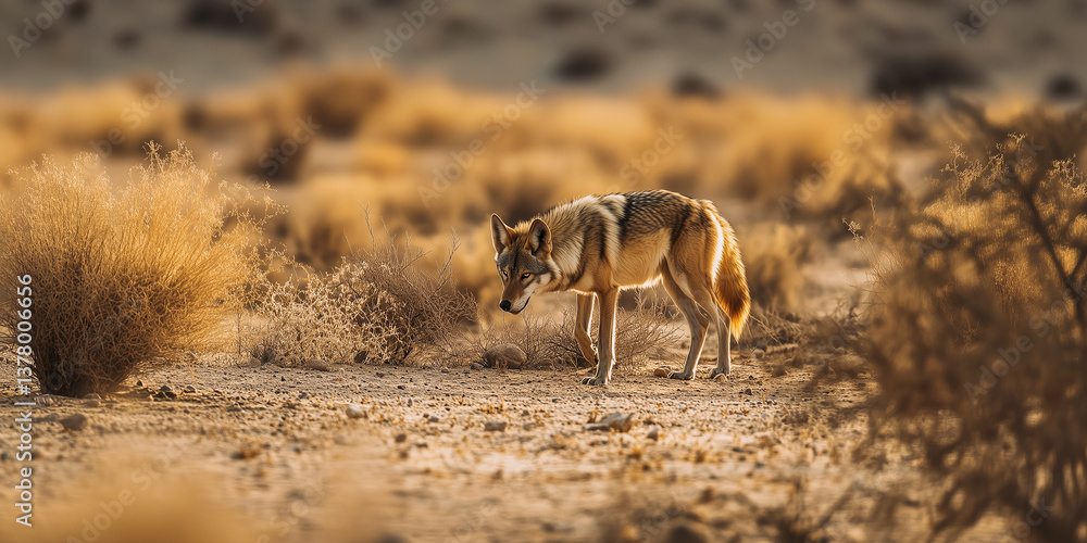 Lonely wolf standing in an arid environment.