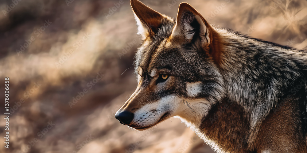 Close-up portrait of a wolf in an arid environment.