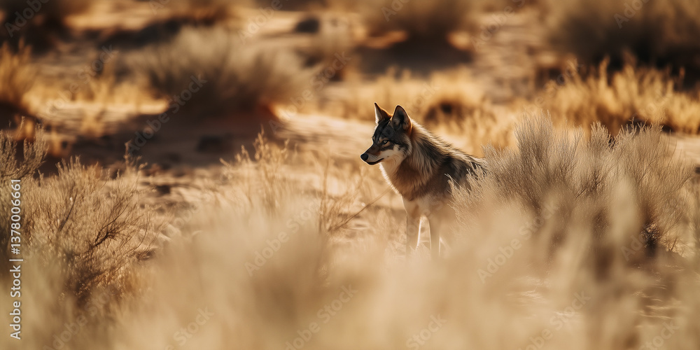 Lonely wolf standing in an arid environment.