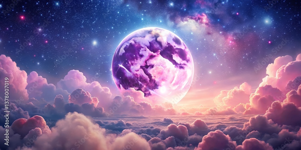 Fototapeta premium Dreamlike Celestial Sphere Above a Sea of Pink Clouds and Sparkling Stars