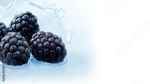 Juicy blackberries in splashing water. Refreshing summer fruit