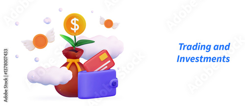 3D stock trading concept Sell and buy money cash and exchange with finance business Earning investment Pouch Money bag and wallet