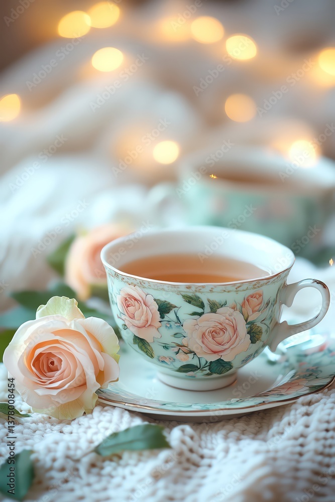 Fototapeta premium Elegant tea set with delicate roses vintage porcelain soft warm lighting cozy atmosphere artistic composition