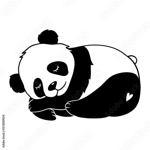 Sleeping panda baby animal characters. Cute cartoon doodle card. Hand drawn textile surface design, cut file, vector black and white illustration