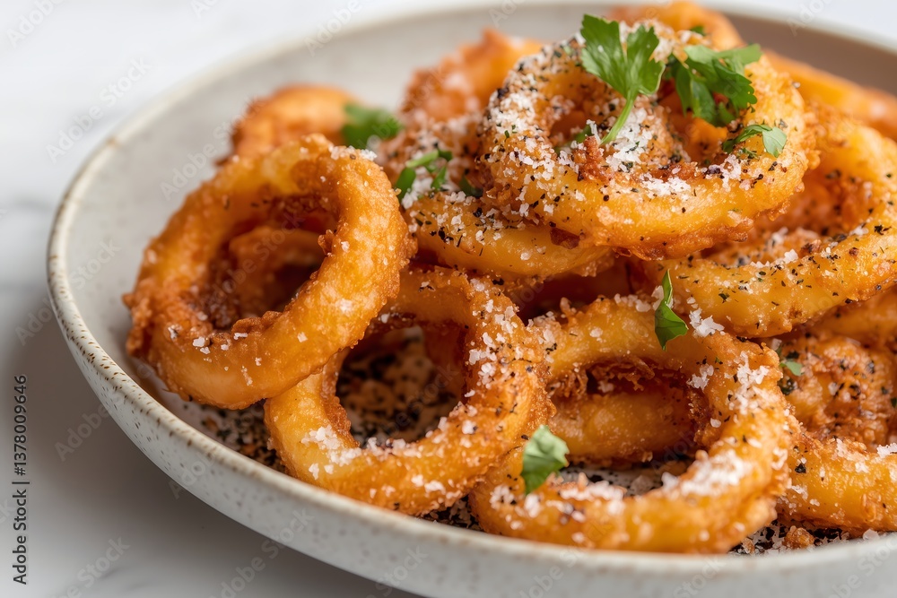 Close-up of a plate of crispy golden brown onion rings Close-up of a plate of crispy golden brown onion rings