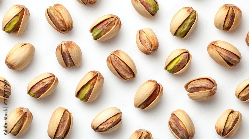 Obraz premium A seamless pattern of pistachios with open shells, arranged on white, ideal for food or healthy eating concepts.