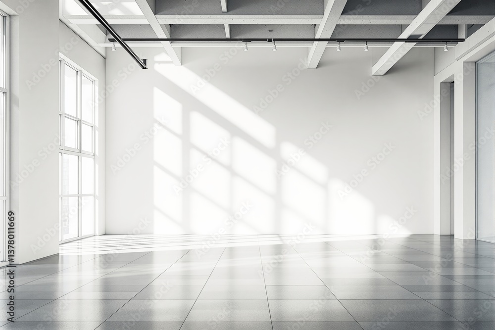 Obraz premium Bright empty modern interior with large windows and sunlight shadows.