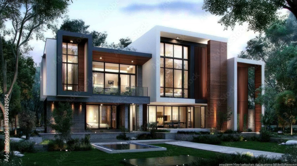 Modern architectural design of luxury home surrounded by nature Modern architectural design of luxury home surrounded by nature