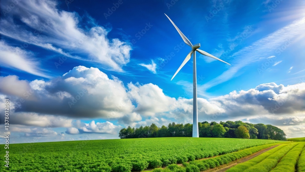 Obraz premium A pristine verdant field with a wind turbine under a vibrant blue sky filled with fluffy white clouds