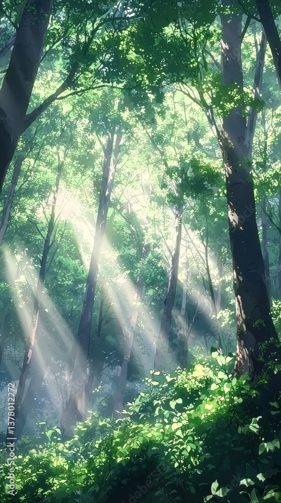 Fototapeta premium A Serene Forest teeming with Life, where Sunlight Beams Filter Gently Through Lush Green Trees all around
