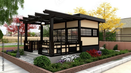 Traditional Japanese Tea House Surrounded by Lush Garden Landscape