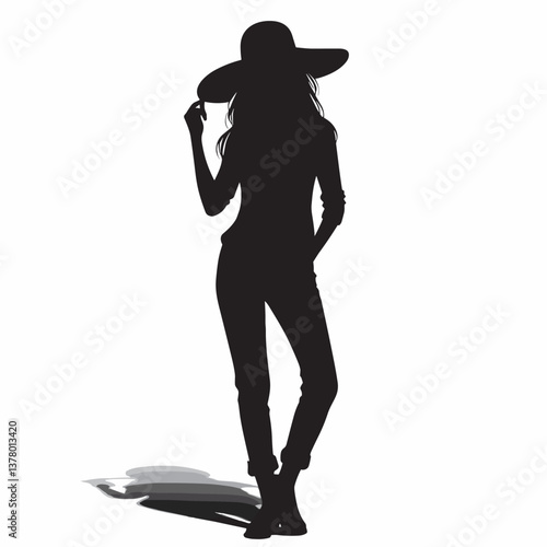 Stylish Woman Silhouette in Hat - Black and White Fashion Silhouette Illustration