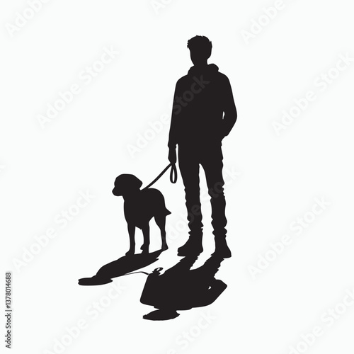 Silhouette of a Person Walking a Dog on a Leash - Minimalist Silhouette Illustration