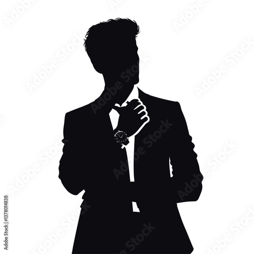 Elegant Gentleman Silhouette with Watch in Black and White Illustration