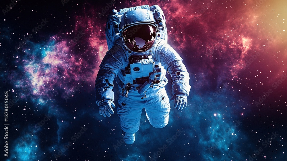 Fototapeta premium Astronaut floating in space surrounded by colorful nebula and sparkling stars, cosmic background with vibrant celestial elements.