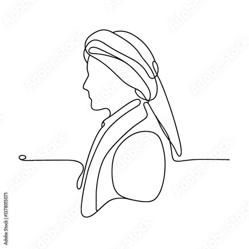 One Line Art Elegant Turbaned Figure in Profile