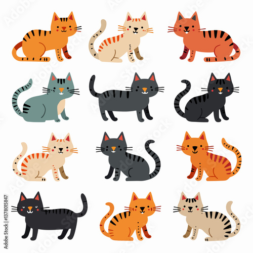 Set of funny cats, Hand drawn cute cat. Animal cartoon portraits for kids and baby clothes, stationery, posters. Scandinavian style vector illustration	