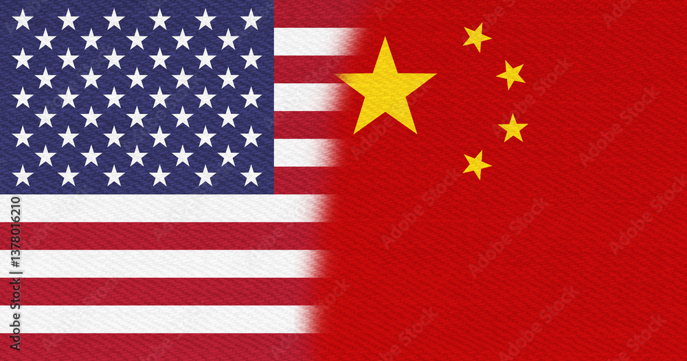 USA flag stars and stripes and China flag background