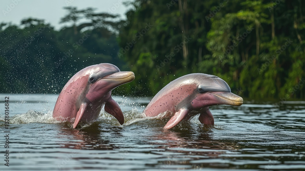 Fototapeta premium A pair of pink dolphins surfacing for air in the tranquil waters of the Amazon River in Anavilhanas, surrounded by jungle.