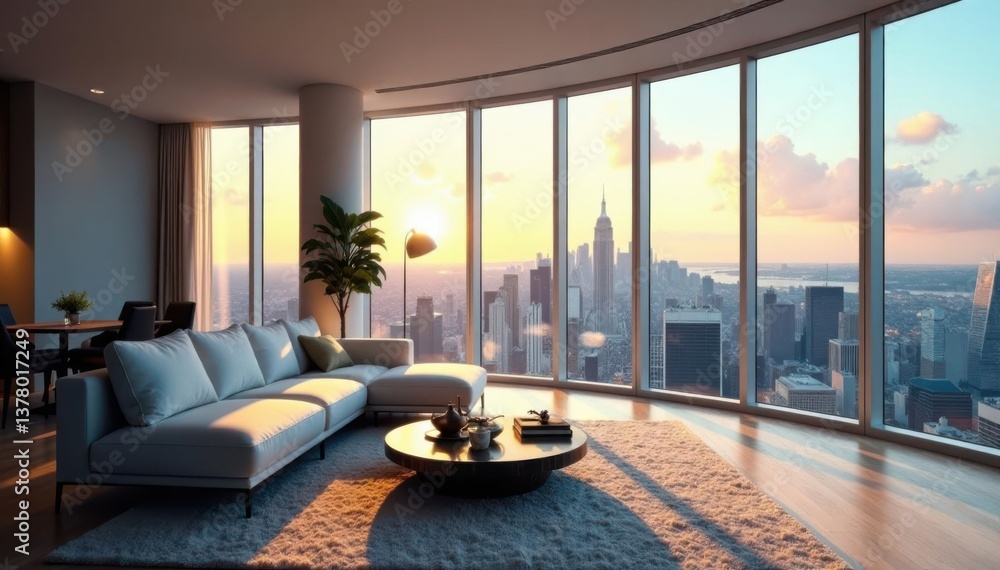 Fototapeta premium Spacious living room with floor-to-ceiling windows offering stunning panoramic city views, high-rise condo, natural light