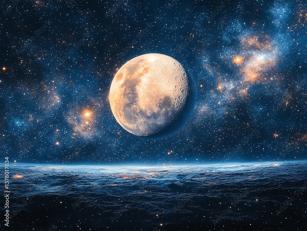 Obraz premium Glowing Moon Over Earth Horizon Shines Among Stars in Dark Sky