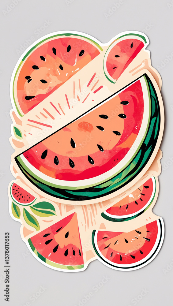 Playful, stylized illustration features several watermelon slices arranged in a collage-like fashion Playful, stylized illustration features several watermelon slices arranged in a collage-like fashion